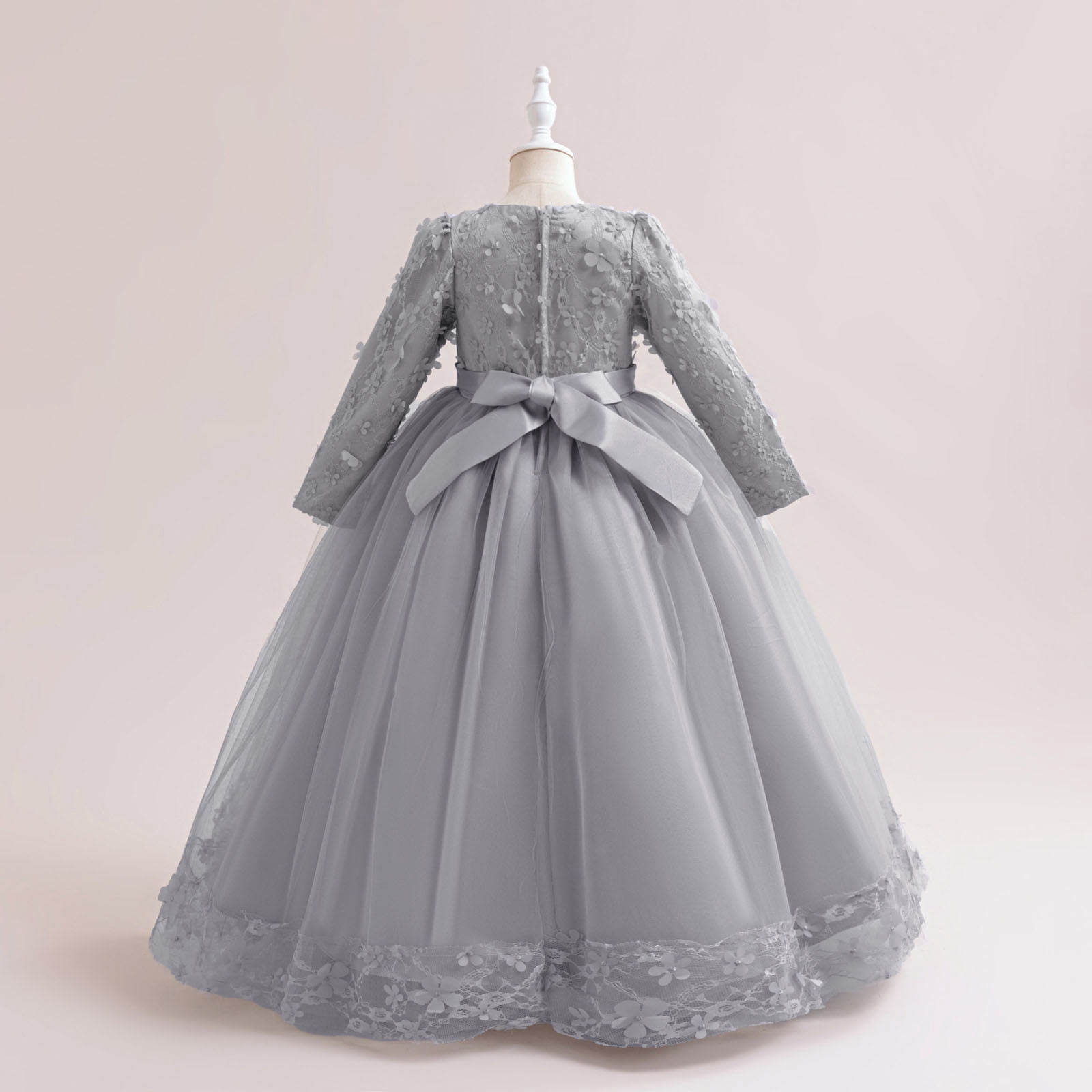 JSGEK Girls Flower Vintage Floral Lace 3/4 Sleeves Floor Length Dress Wedding Party Evening Formal Pegeant Dance Gown Gray 7-8Years