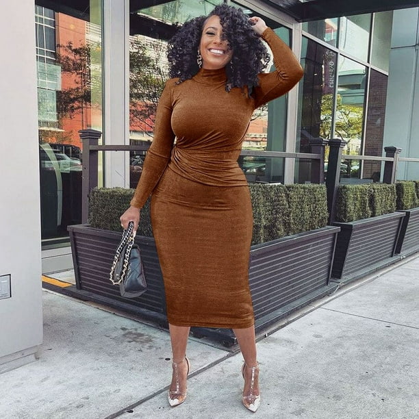 knitting dress for women YCNYCHCHY Autumn Winter Half High Collar Pleated Bodycon Long Sleeve Long Dresses women 2022 Brown Purple Black 107cm(40 Dress Knitting Pattern, Knit Dress