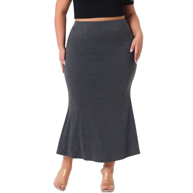 Falda de mujer de talla grande GRACE & GRANDEUR, paquete de faldas de sirena de cintura alta, de punto, casual, bodycon, sólidas, maxi, 1X gris