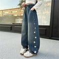 thumbnail image 5 of Girls Wide Leg Denim Pants with Pockets Girls Black Jeans Size 8 Casual Baggy Elastic Waist Jeans Streetwear Girls Clothes(Siz 10-11 Years,Blue#1), 5 of 5