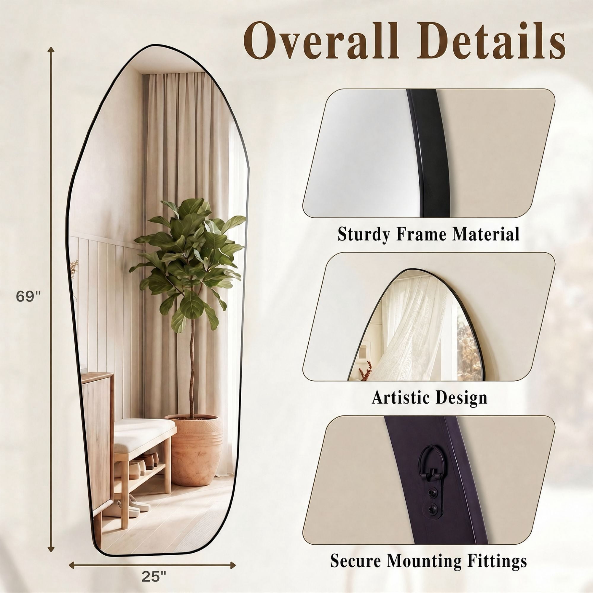 Easy4Home 69"x25" Irregular Full Length Mirror Decorative Standing Floor Mirror Wall Mounted, Black