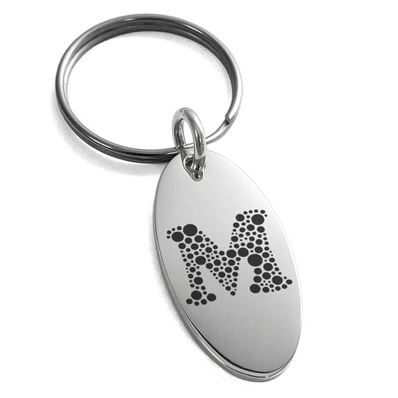 Stainless Steel Letter M Initial Dotted Monogram Engraved Small Oval Charm Keychain Keyring