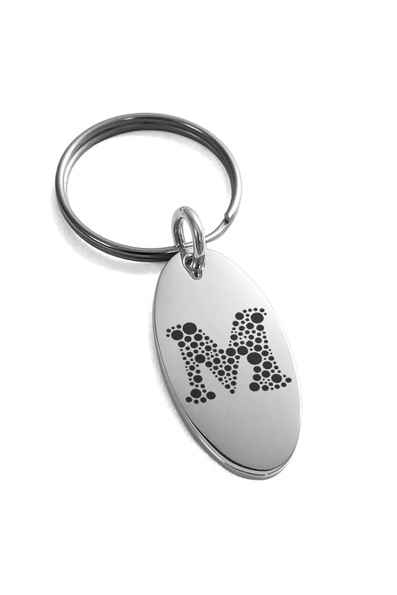 Stainless Steel Letter M Initial Dotted Monogram Engraved Small Oval Charm Keychain Keyring