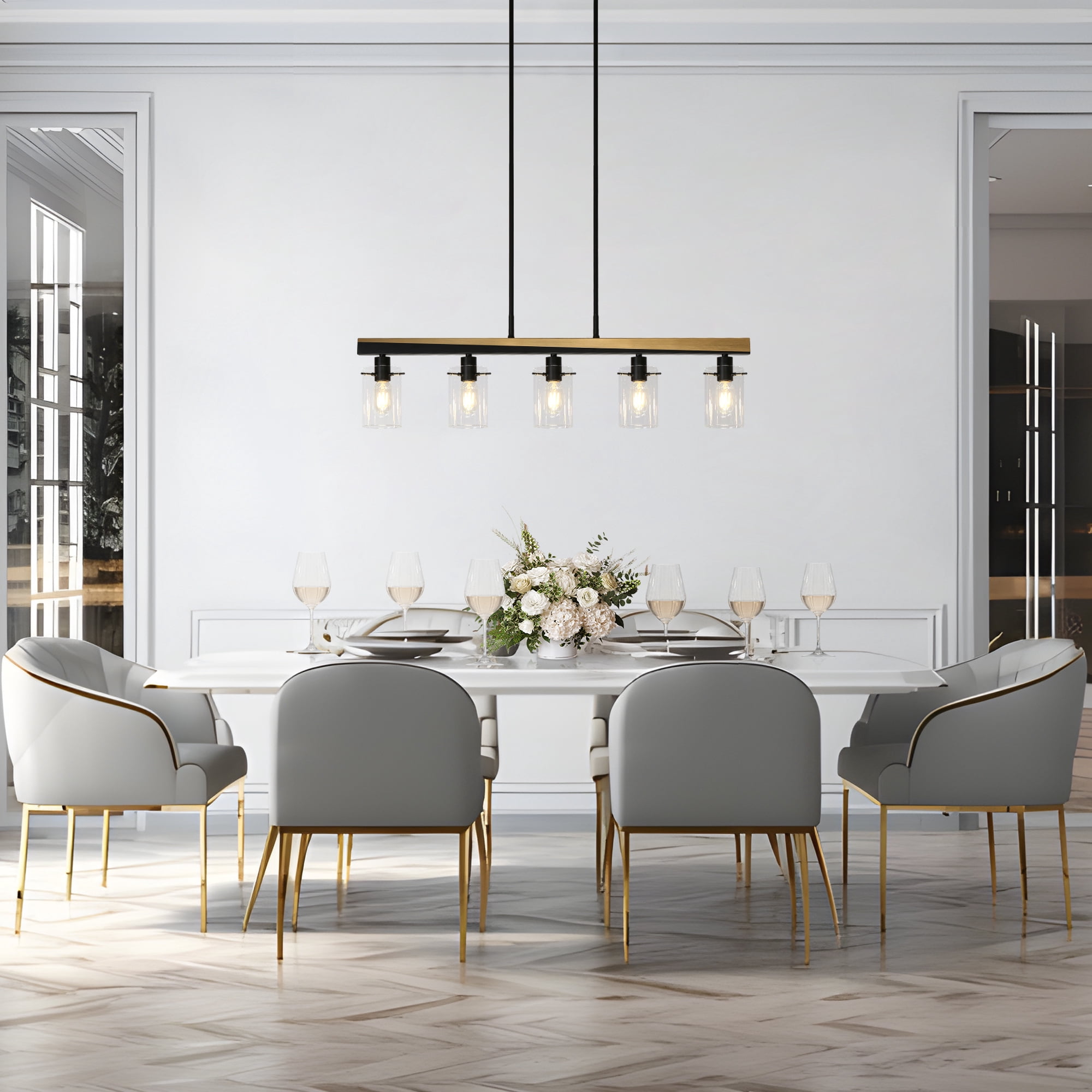 LNC 5-Light Black and Gold Large Linear Pendant with Clear Glass for Kitchen Island