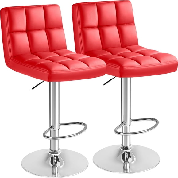 JJUN Bar Stools Modern Pu Leather Swivel Adjustable Hydraulic Bar Stool Square Counter Height Stool Set of 2 (Red)