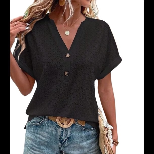 Tops Henley de Corta con Cuello en V para Mujer, Color Negro, Talla L