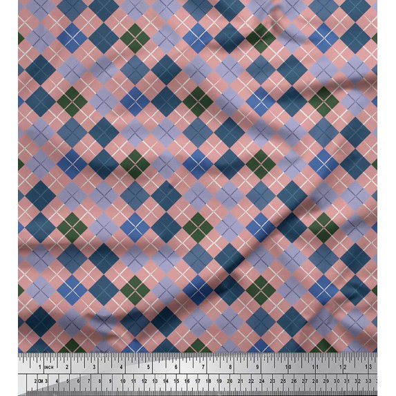Soimoi Polyester Crepe Fabric Argyle Check Printed Fabric 1 Yard 52 Inch Wide