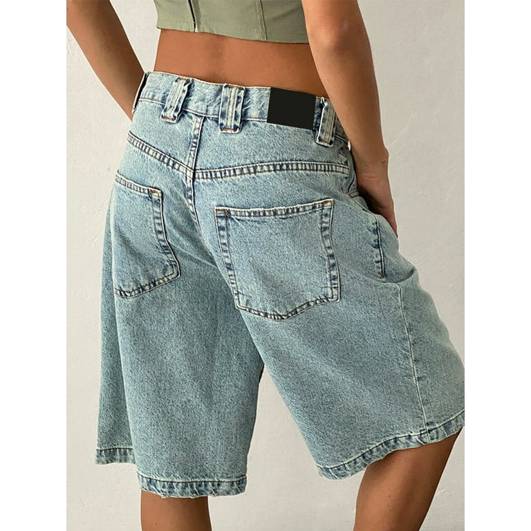 YiLvUst Y2k Women Denim Bermuda Shorts Vintage Mid Rise Knee YiLvUst Y2k Women Denim Bermuda Shorts Vintage Mid Rise Knee