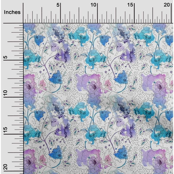 oneOone Cotton Poplin Twill Medium Blue Fabric Flower Watercolor Sewing Material Print Fabric By The Yard 56 Inch Wide