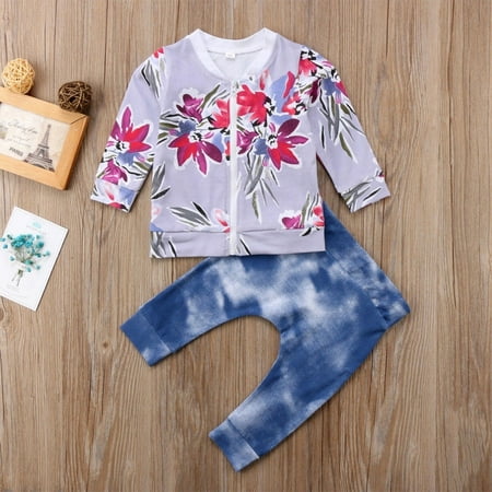 

2Pcs Newborn baby Kids Girl Outfits Clothes Floral Tops+Destroyed Denim Jeans
