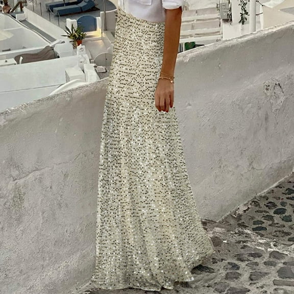 absuyy Womens Long Skirts Plus Size Mesh Zip Sequin Party Ankle Skirt Beige Size L