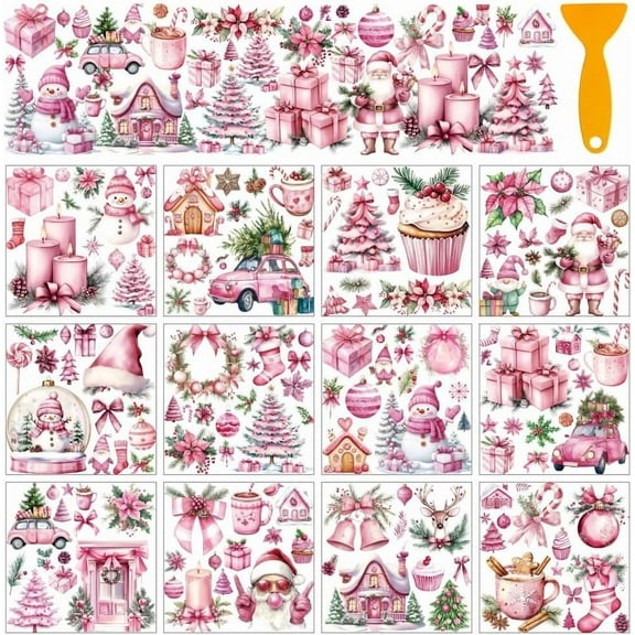 12 Sheets Pink Christmas Rub on Transfer Stickers Xmas Tree Santa Snowman Window Decoration Furniture Decal