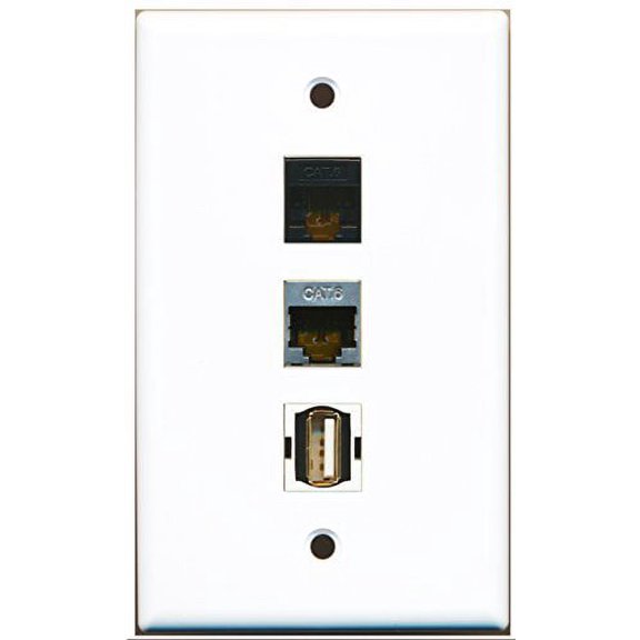 RiteAV - 1 Port USB A-A and 1 Port Shielded Cat6 Ethernet and 1 Port Cat6 Ethernet Black Wall Plate
