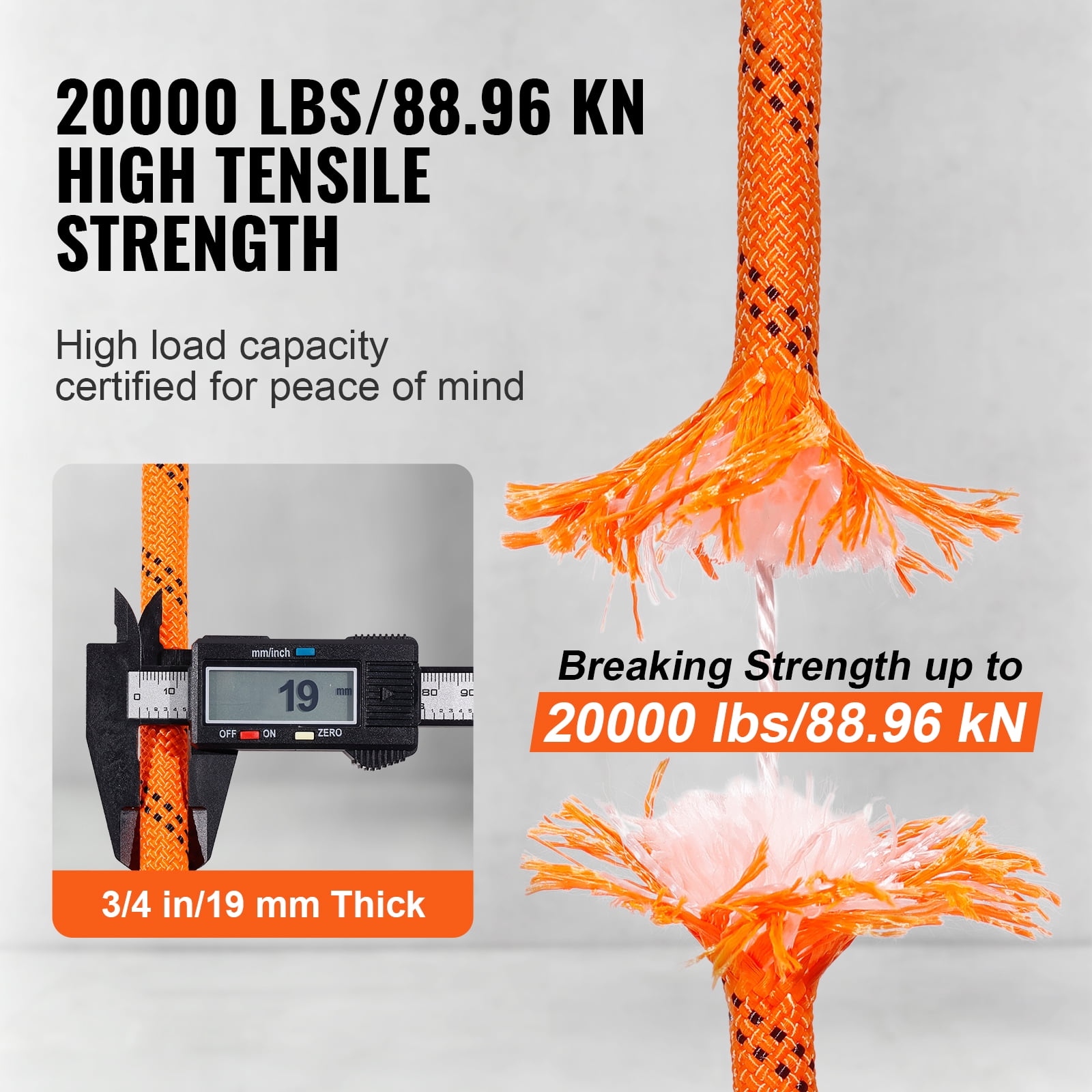 VEVOR Double Braided Polyester Rope, 3/4 in x 220 ft, 24 Strands, 12700 LBS Breaking Strength Outdoor Rope, Arborist Rigging Rope for Rock Hiking Camping Swing Rappelling Rescue, Orange/Black