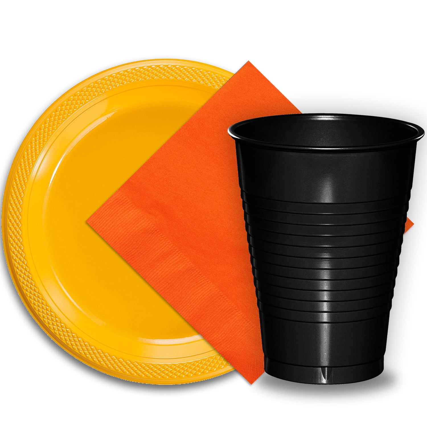 50 Yellow Plastic Plates (9"), 50 Black Plastic Cups (12 oz.), and 50