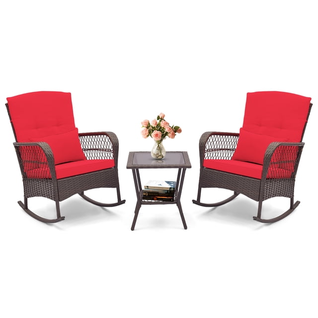 Gymax 3 Pieces Rocking Bistro Set PE Rattan Rocking Chairs w/ 2-Tier Coffee Table