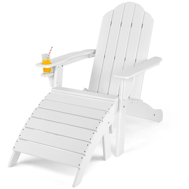 Costway HDPE Patio Adirondack Chair & Folding Footrest Set All-Weather Outdoor White