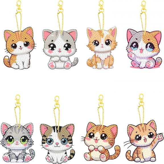 CCOCC 8 Pieces Keychain Animal Diamond Art Jewelry Double-Sided 5D Kit for Beginners Adult Diy Art Craft Gift Home Decor (Cat)
