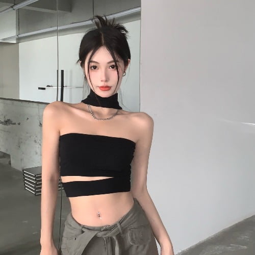 VISgogo Mujeres Halter Tops sin mangas Slim Fit Verano Casual Color sólido Sin espalda Crop Tube Tops Streetwear VISgogo moda