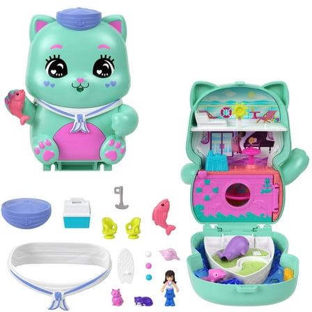 Polly Pocket Set Sail Kitty Compact Playset with 1 Micro Doll, Pet Cats, Food & Styling Accessories