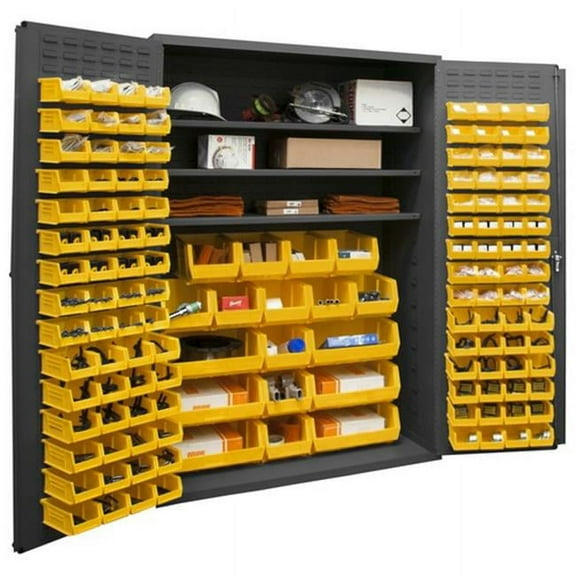 Durham 3502-138-3S-95 14 Gauge Flush Door Style Lockable Cabinet with 138 Yellow Hook on Bins & 3 Adjustable Shelves, Gray - 48 in.