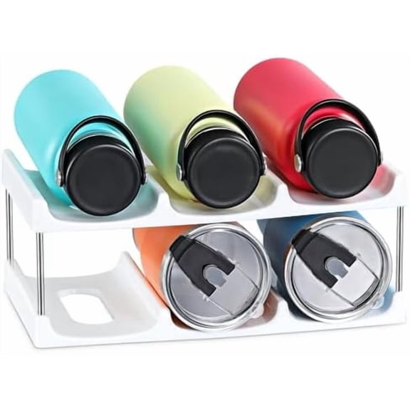 Stackable Water Bottle Organizer Holder - for Stanley & Others' Large Tumbler Organization - White Plastic Wine Rack, Bottle Holder for Home Countertop Fridge Pantry Shelf, 2 Tier Hold 6
