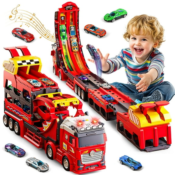 UUSUOO Toy Trucks for Boys 3-6 Years,Carrier Truck Race Track Toys for Kids,45 inch Foldable Race Track with 6 Die-Cast Metal Toy Cars and Lights & Sounds,Christmas Birthday Gifts for Boys 3 ,Red