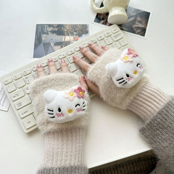 YOSENING Kawaii Hello Kitty Cartoon Cat Half-Finger Gloves - Plush Wrist Warmers with Stuffed Doll Design QQH624-749