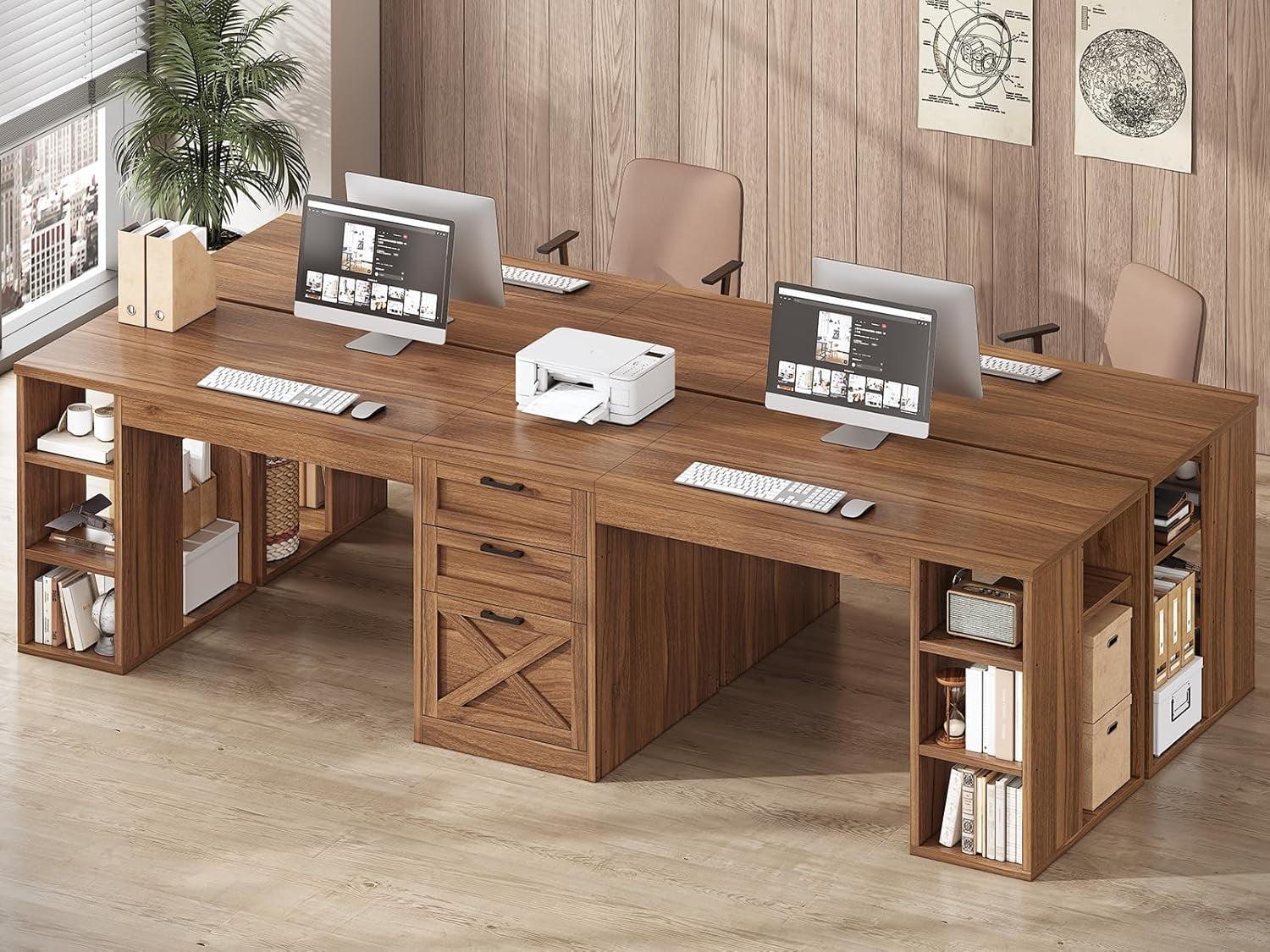 SEDETA Farmhouse 96.5" Computer Desk with Drawers, 2 Person Home Office Desk, Gaming Double Desk with Storage Shelves, Long Two Person Writing Desk, Brown