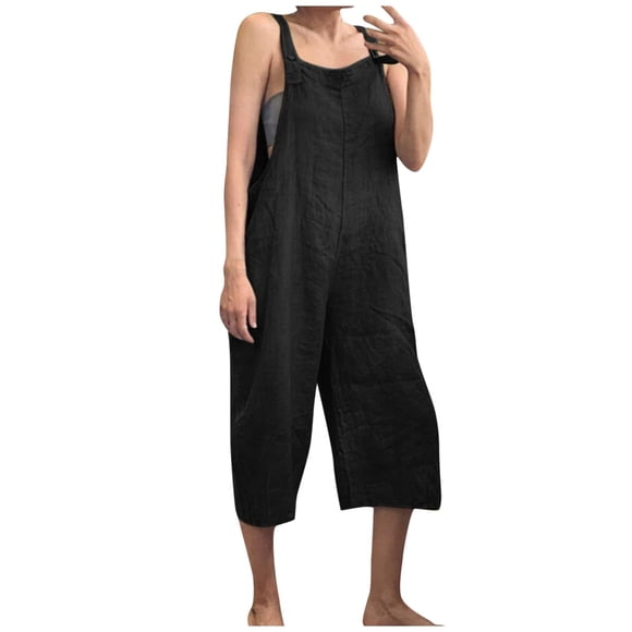 jumpsuits for women casual summer sleeveless suspender overalls cotton linen capri pants solid color romper