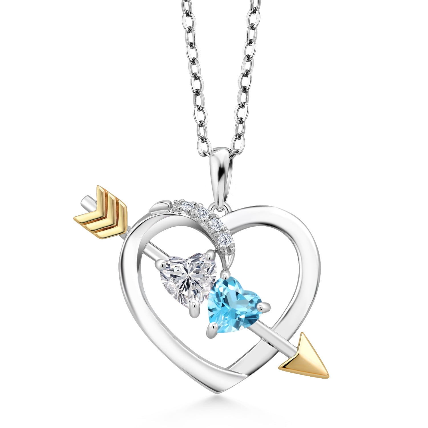 Gem Stone King 925 Silver and 10K Yellow Gold Lab Grown Diamond and Swiss Blue Topaz Pendant Necklace for Women | 1.03 Cttw | Gemstone April Birthstone | Heart Shape 5MM | With 18 inch Chain