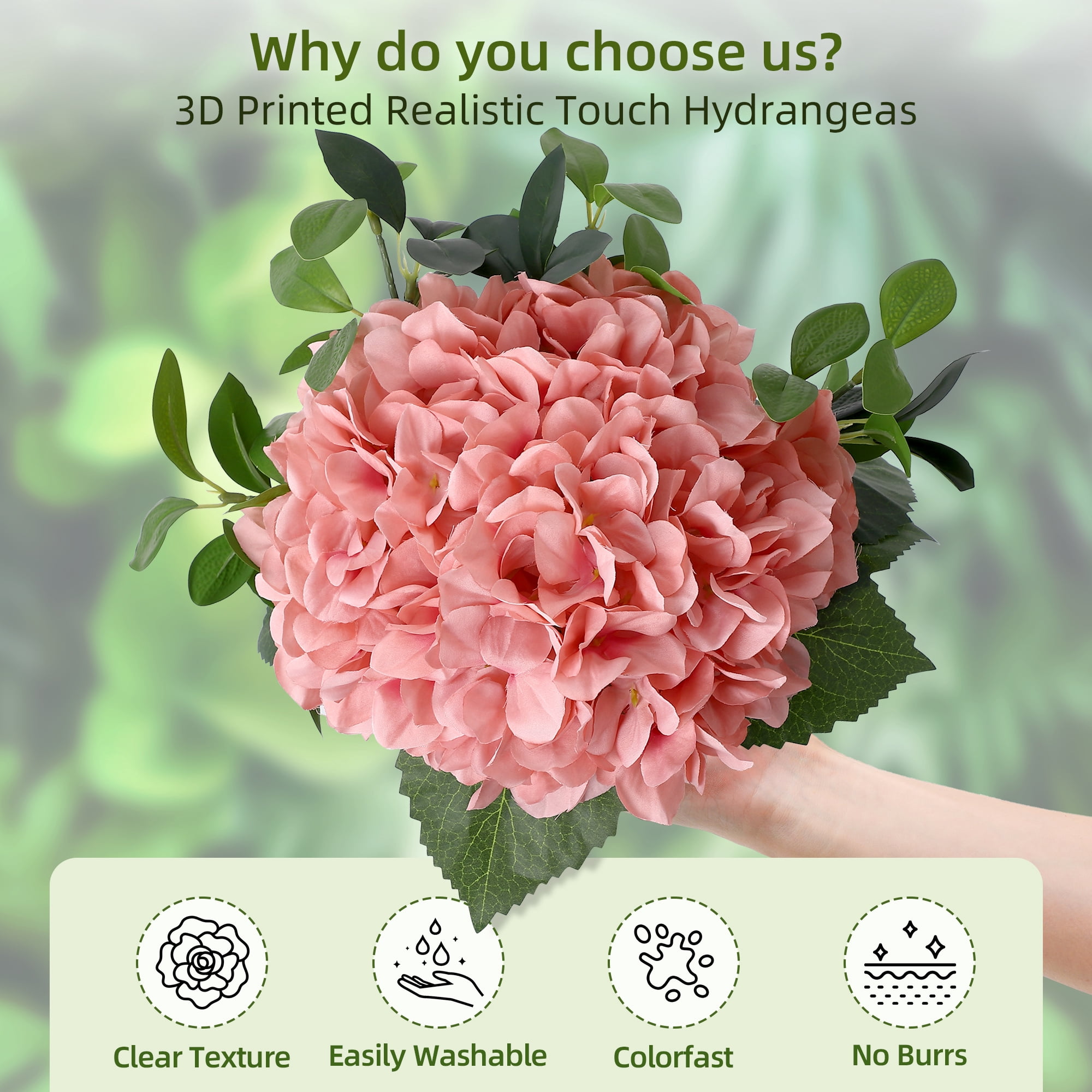 Realistic Silk Hydrangea Artificial Flowers in Glass Vase with Faux Water – Elegant Home Decor, Wedding, and Table Centerpiece Arrangement,Pink