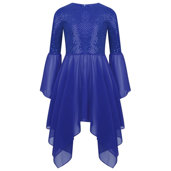 Jowowha Kids Girls Asymmetrical Liturgical Praise Dance Dress Sequins Worship Tunic Celebration of Spirit Dress Blue 8