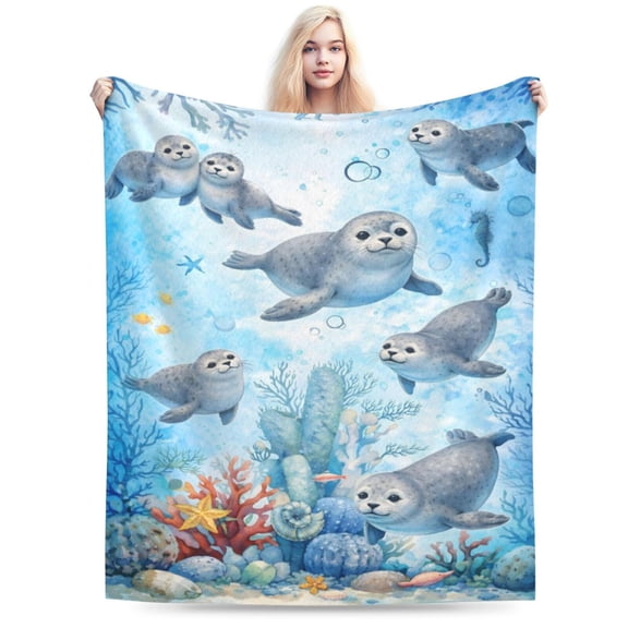 Seal Ocean Wildlife Blanket, Coastal Marine Throw, Underwater Coral Fleece Blanket for Summer Beach House Decor and Ocean Lover Gift 50x40