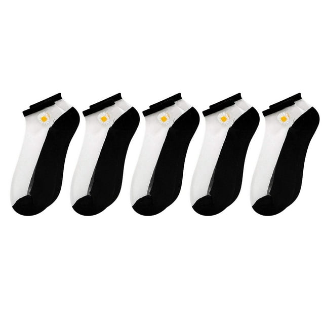 5PC Women Casual Cute Little Daisy Mesh Splice Breathable Short Socks