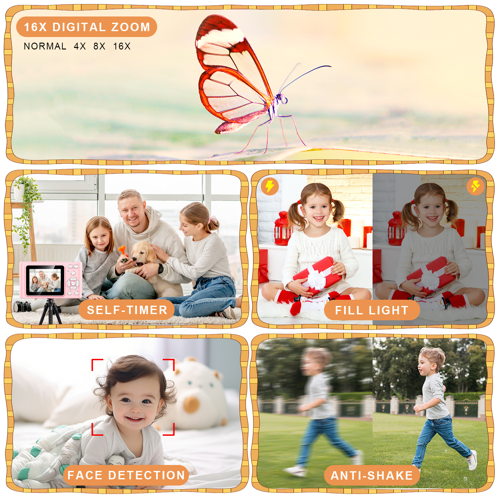Geryst Digital Camera, 4K UHD 48MP, 16X Zoom, Kids, Pink photo 3