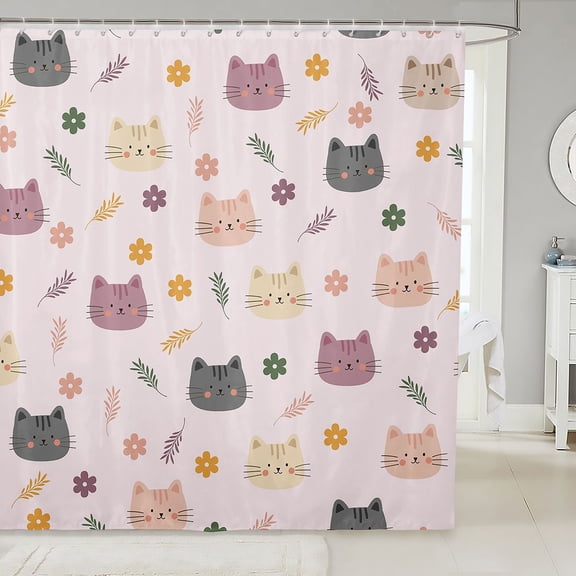 Manfei Kawaii Kitten Shower Curtain 72Wx72L, Boho Flower Floral Bathroom Curtain, Pink