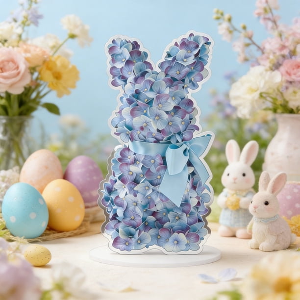 Conejito de Pascua Artificial de 20 Cm con Hortensia Azul y Flores Artificiales con Lazo, Decoración de Mesa para El Hogar de Pascua (2 Piezas)