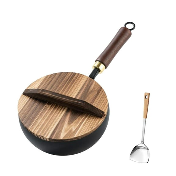 yotijay Iron Wok Pan Easily to Clean Flat Bottom with Wooden Lid Nonstick Stir Fry Pan