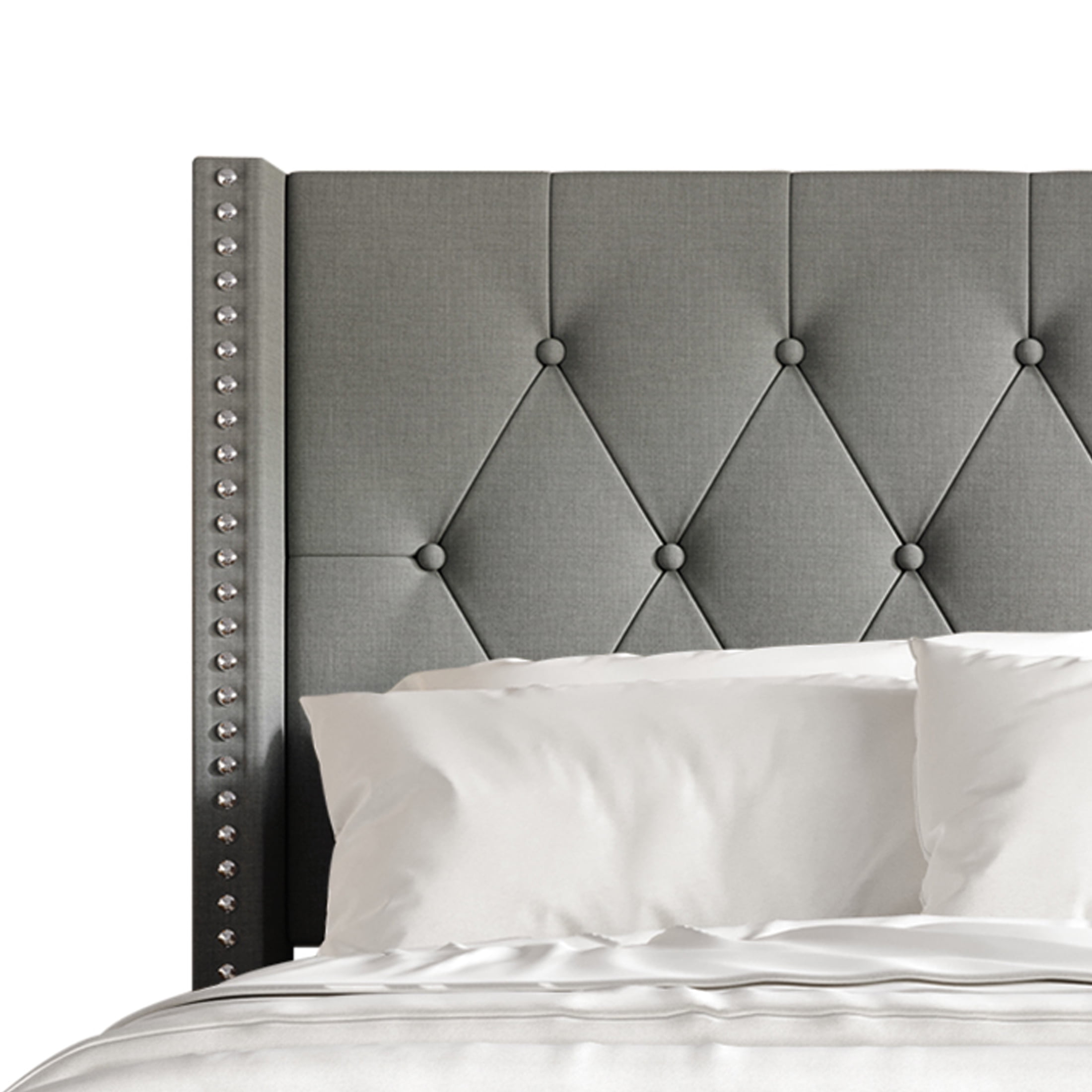 Castle Place Nailhead Trim Wingback Linen Upholstered Bed, Light Grey, Full