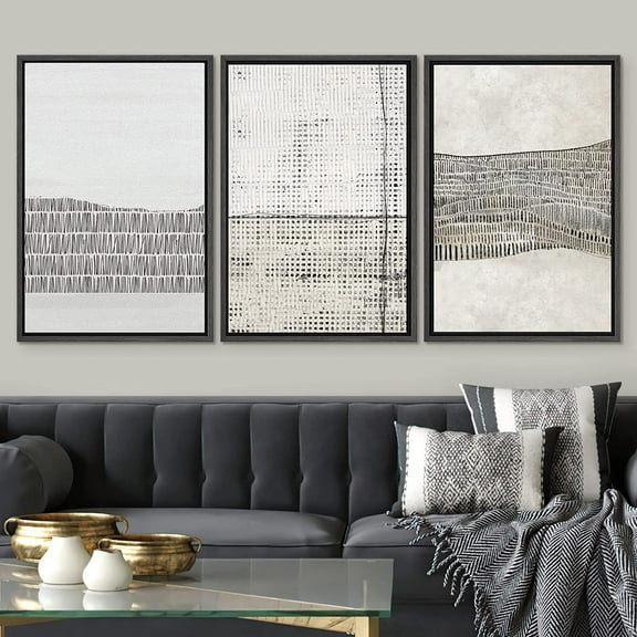 IDEA4WALL Framed Canvas Print Wall Art Set of 3 Grunge Black Tan Line Art Landscape Abstract Shapes Cozy Neutral Modern Art Decorative Contemporary Minimal for Rooms - 16"x24"x3 Black