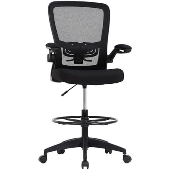 Drafting Chair Tall Office Chair Adjustable Height with Lumbar Support Flip Up Arms Footrest Mid Back Task Mesh Desk Chair Computer Chair Drafting Stool for Standing Desk (B-Black)
