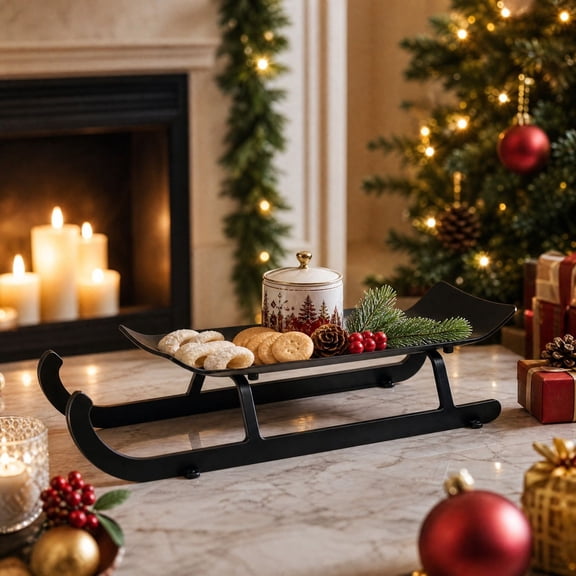 Christmas Sled Tabletop Decor Tray, Festive Sleigh Display Stand, for Christmas Mantel Shelf Countertop Indoor Party Decor,Black