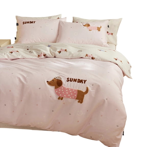Breathable Cotton Bed Sheet Set Cute Dachshund Embroidery Duvet Cover Pillowcase For Comfort Family Household Use Gift