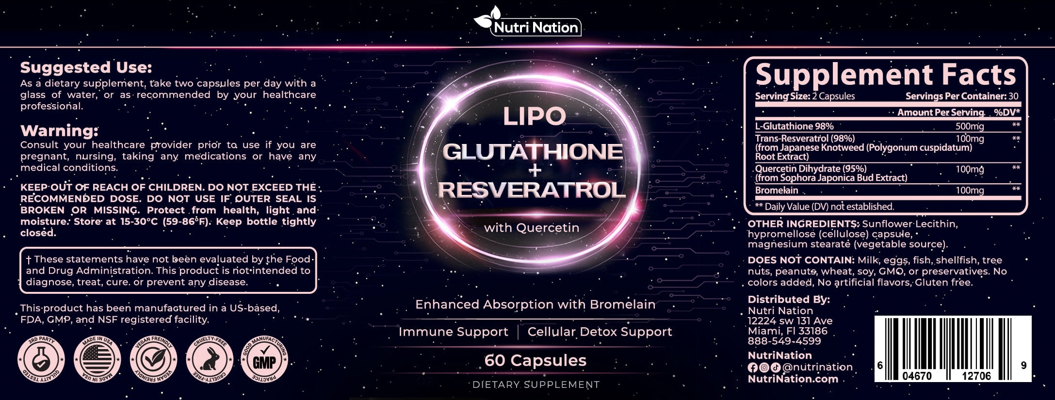 Liposomal Glutathione 500mg with Resveratrol, Quercetin & Bromelain – Advanced Antioxidant & Immune Support Supplement, Cellular Detox & Absorption Support – 60 Capsules