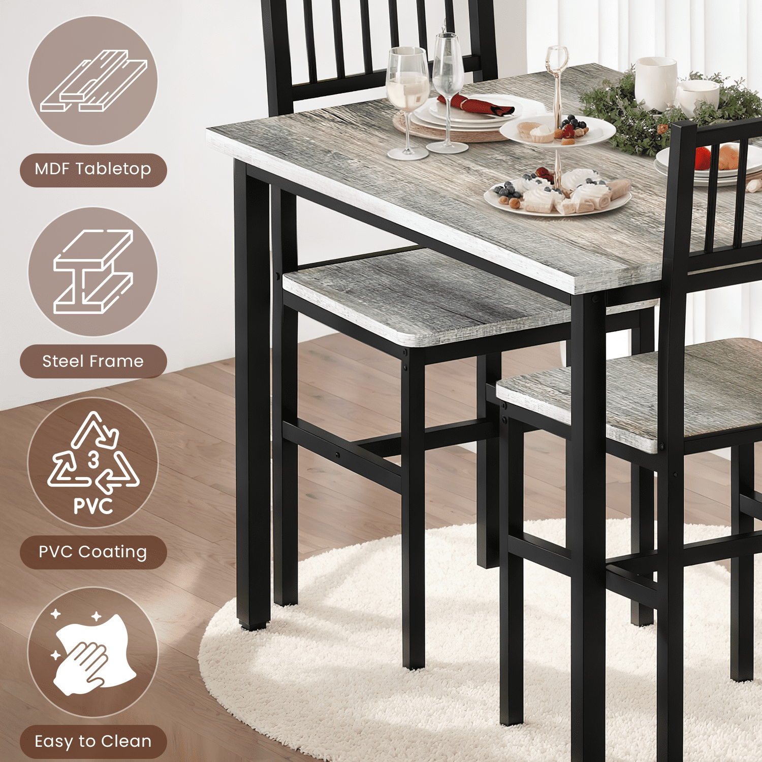 Lamerge 3 Piece Dining Table Set, Rustic Kitchen Table and Chairs Set, Thickened Solid Wood Carbon Plate, Breakfast Table Set for Small Spaces, Dining Room, Kitchen, Rustic Gray