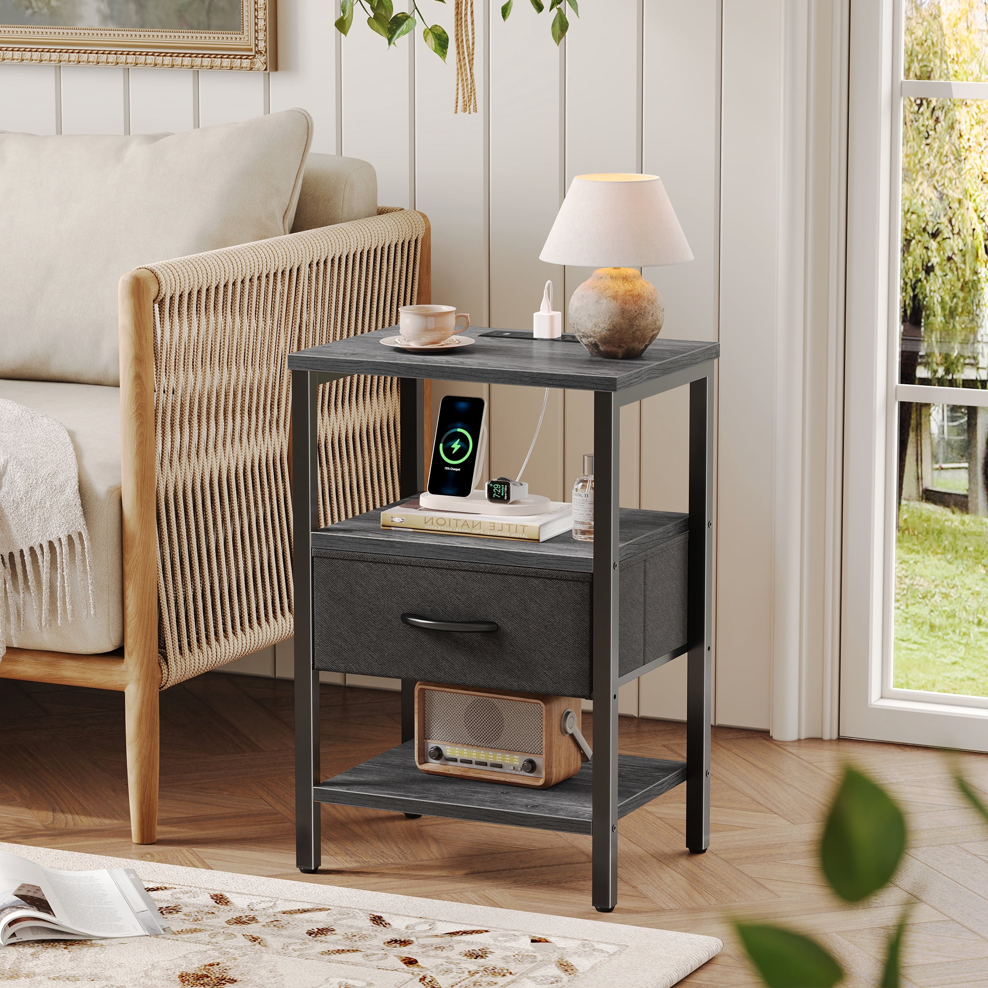 Nightstand with Charging Station, Adjustable Fabric Drawer, 3-Tier Bed Side Table, Night Stand for Bedroom, Storage End Table,Charcoal Gray