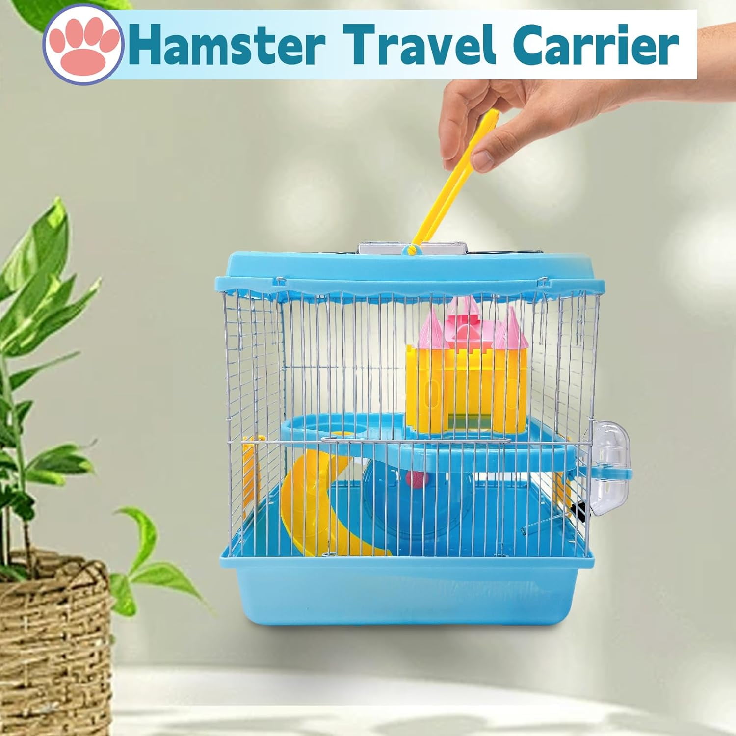 Portable Hamster Travel Carrier Cage with Water Bottle, Breathable Dwarf Hamster Carry Case for Outdoor Travel, Small Animal House for Gerbil Mice