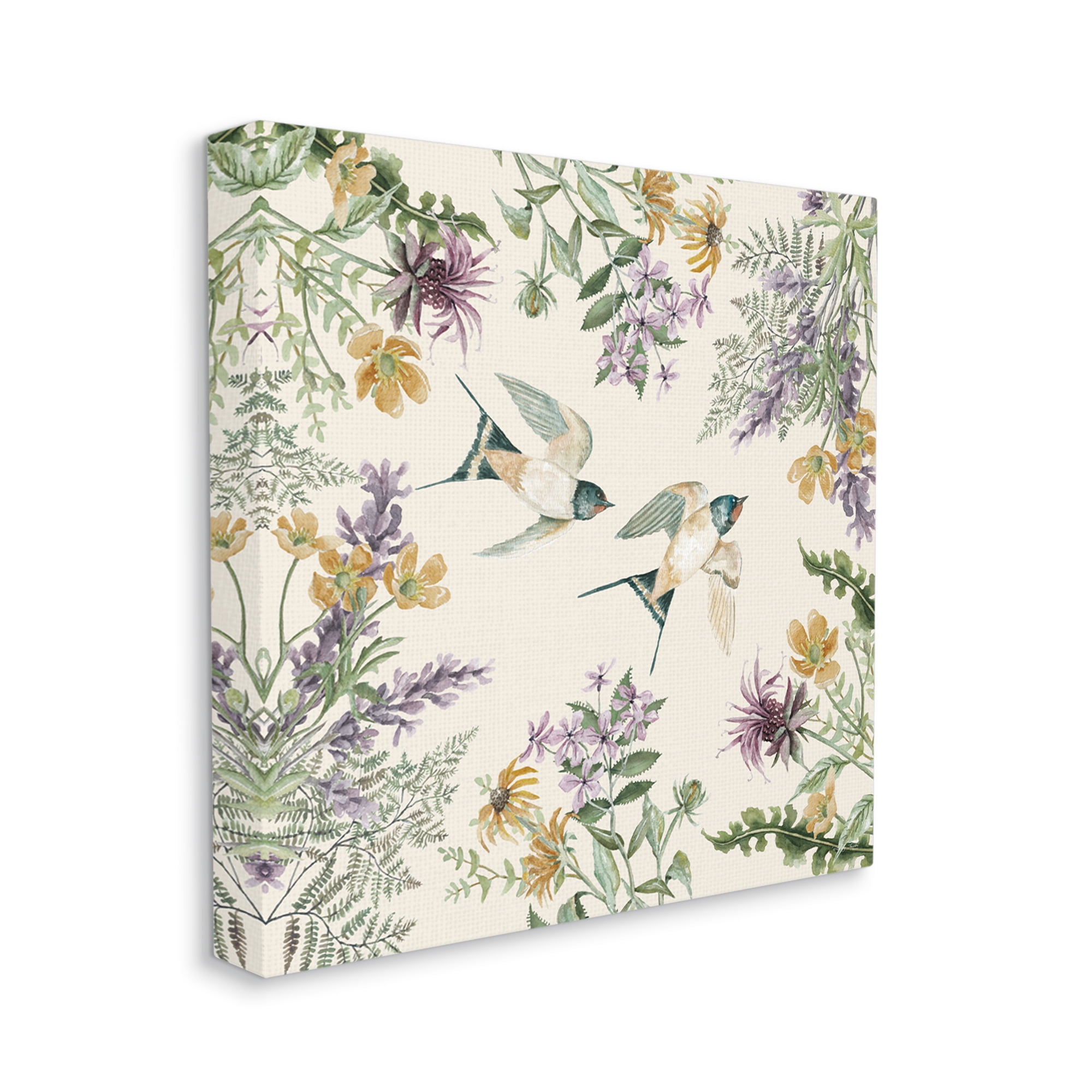 Stupell Two Birds Cottage Floral Herbs Animals & Insects Painting Gallery Wrapped Canvas Print Wall Art