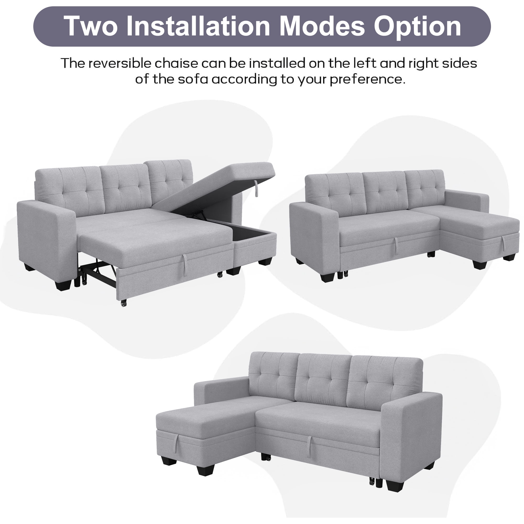DEALTOPS Linen Reversible Sleeper Sectional Sofa Bed with Storage Chaise,Gray